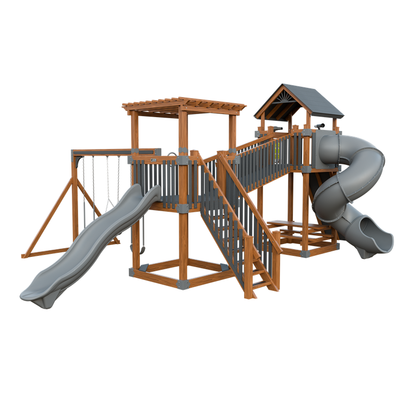 Traverse swing set in wood grain and gray, front right