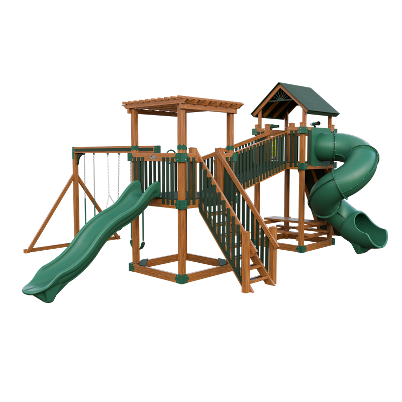 Traverse swing set in wood grain and green, front right