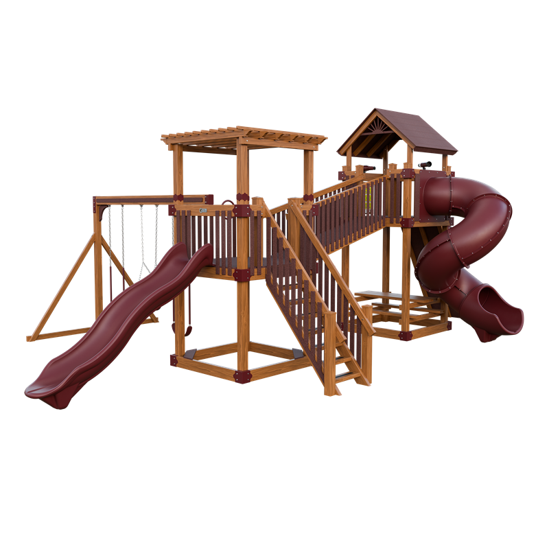 Traverse swing set in wood grain and red, front right