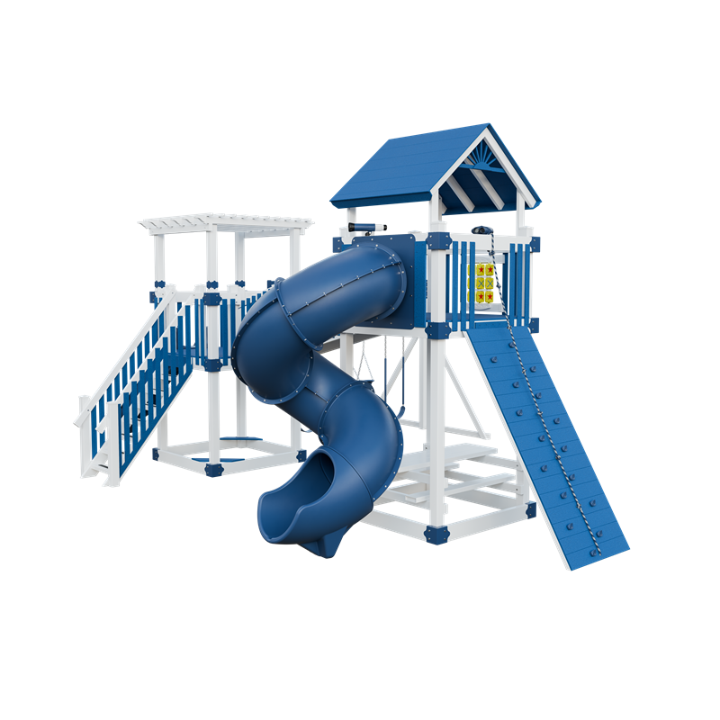 Traverse swing set in white and blue, back left