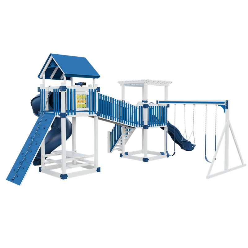 Traverse swing set in white and blue, back right