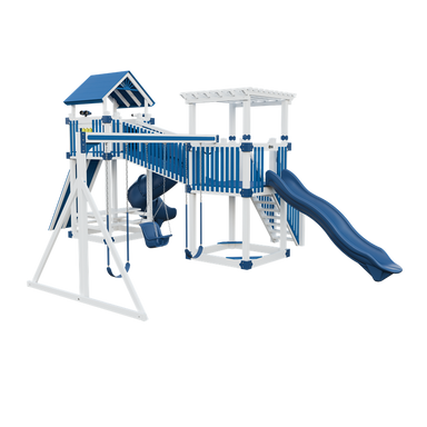 Traverse swing set in white and blue, front left