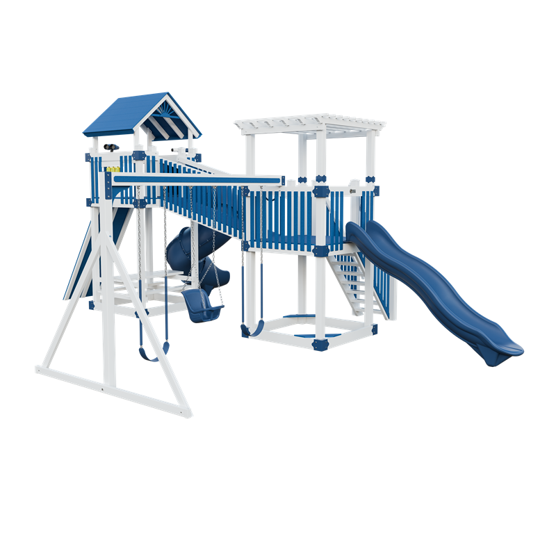 Traverse swing set in white and blue, front left