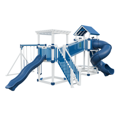 Traverse swing set in white and blue, front right