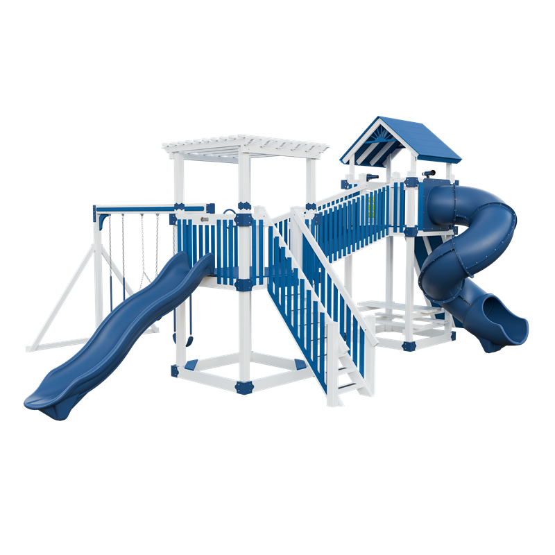 Traverse swing set in white and blue, front right