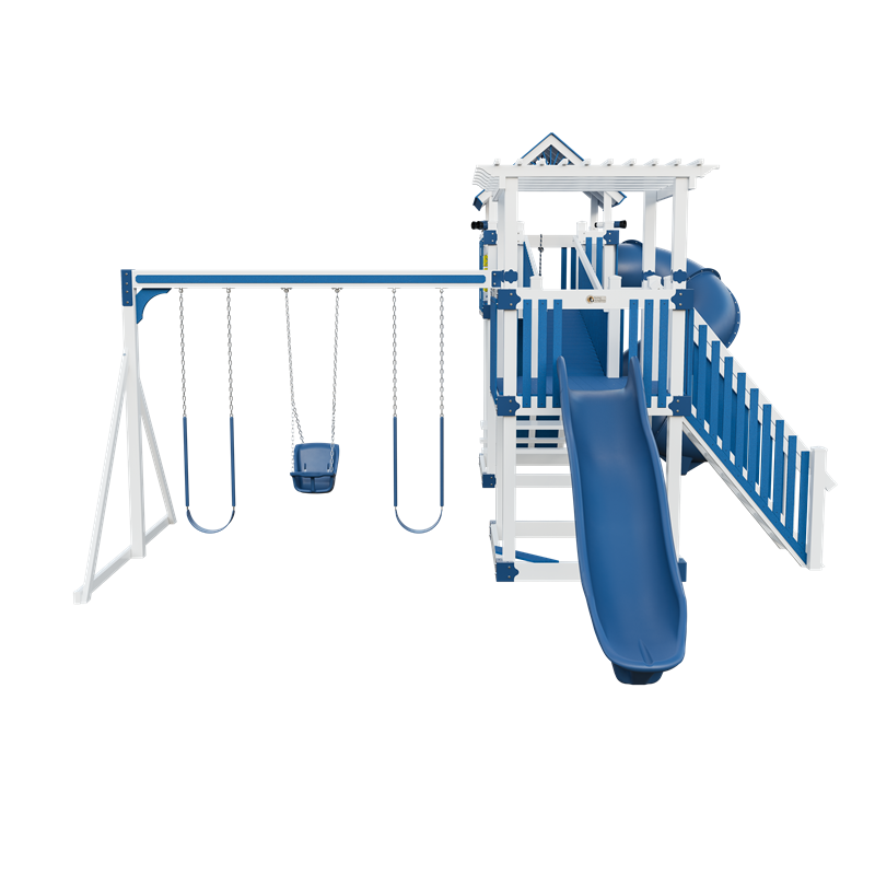 Traverse swing set in white and blue, front